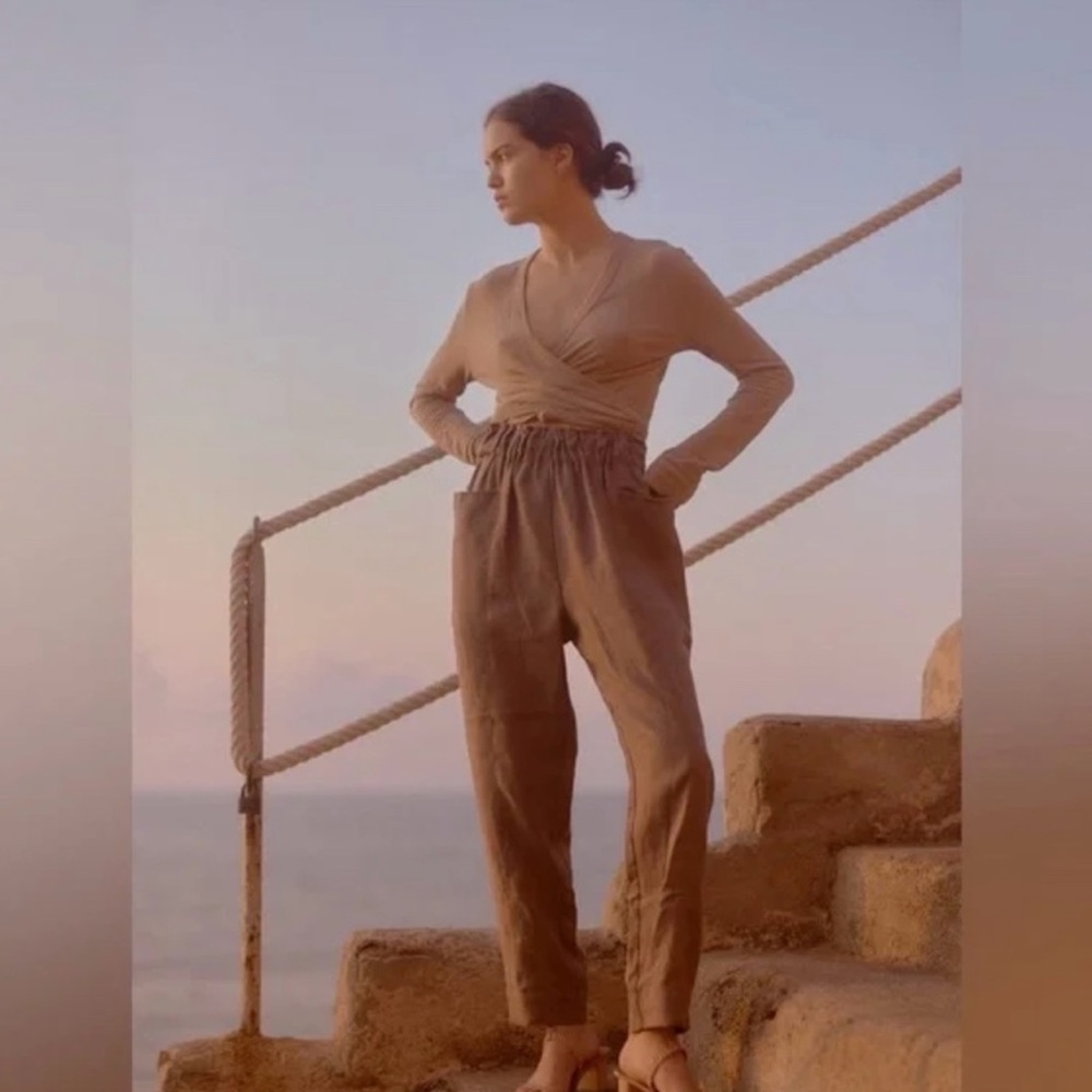 OZMA Tan Linen Drawstring Pants